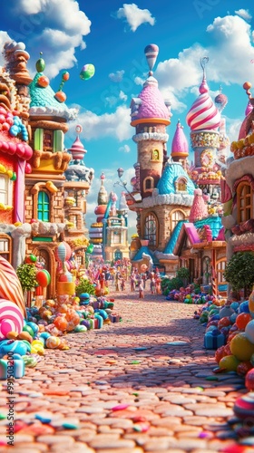 A whimsical candy-themed town with colorful structures, sweet decorations, and a vibrant sky, perfect for children's illustrations.