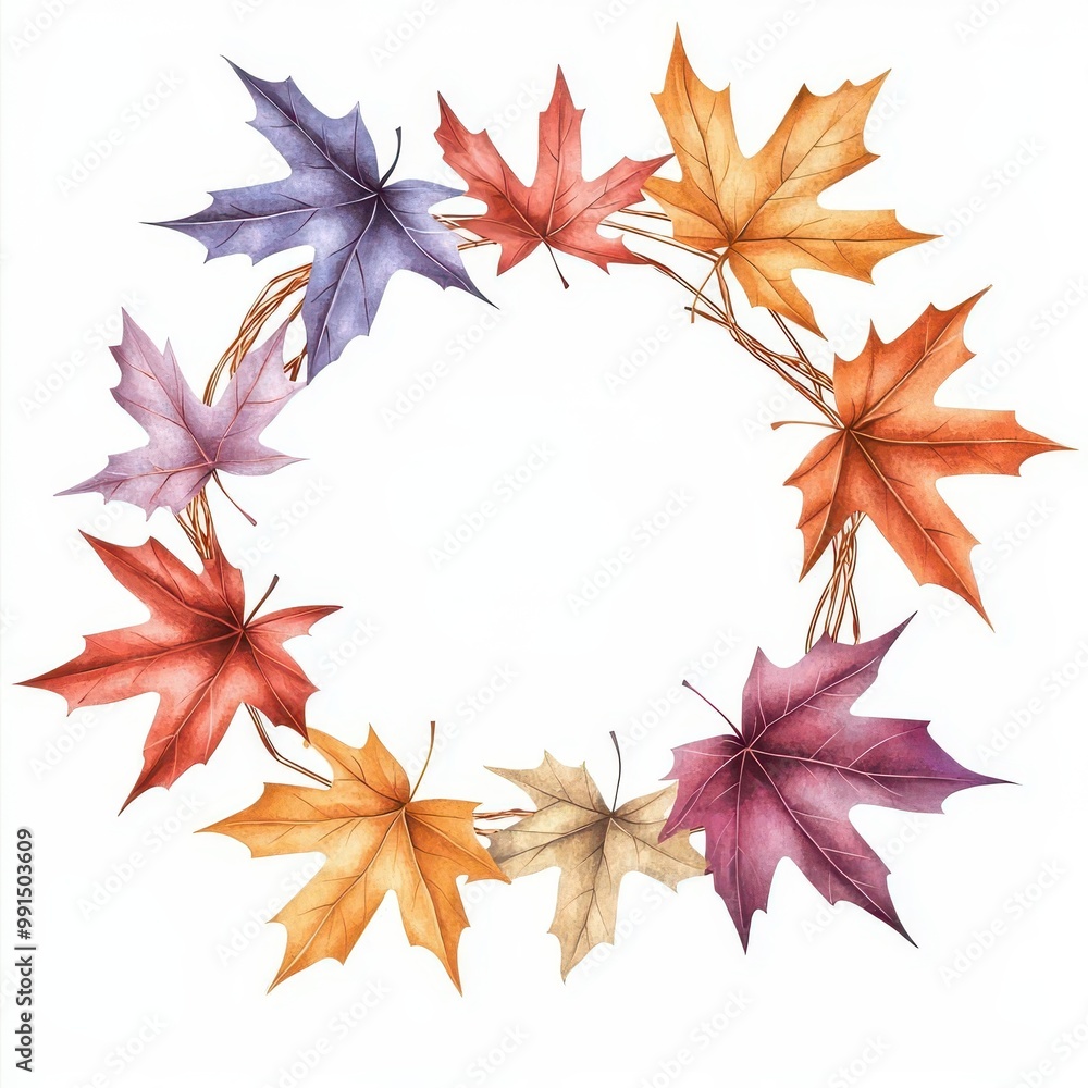 Colorful autumn leaves arranged in a circular pattern on white background. Colorful autumn leaves arranged in a circular pattern on white background.
