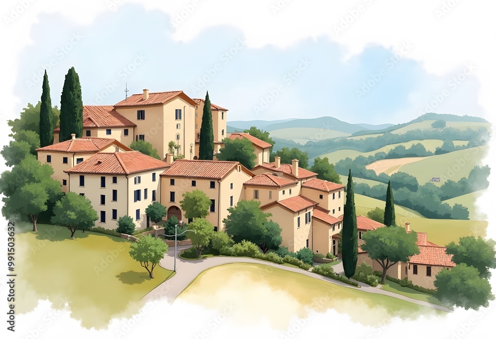 Obraz premium hand drawn watercolor painting of beautiful medieval village. landscape painting with buildings, house, brick wall,roof,farm land, hill, trees, lavender fields and bright blue sky for print, etc 