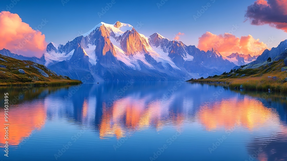 Fototapeta premium Majestic French alps landscape of Lac Blanc with Mont Blanc mountain range reflected on lake in the sunset at Haute Savoie Chamonix France : Generative AI
