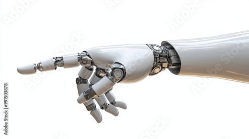 A robotic hand pointing with precision, advanced technology concept, clean and futuristic design, photorealistic rendering, isolated on white background