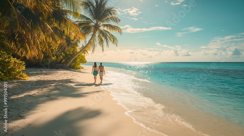 A couple walking in the morning sunshine on a tropical beach baa atoll maldives : Generative AI photo