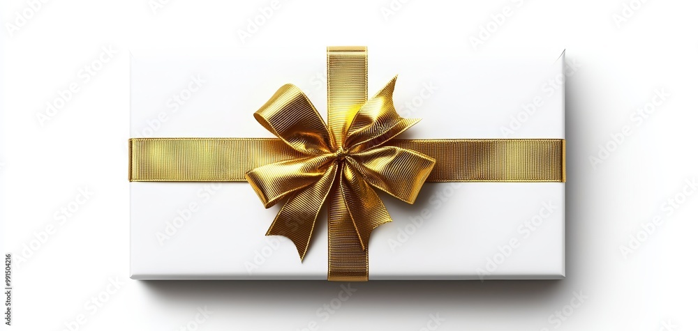 A white box with a glossy gold ribbon, perfect for Christmas or birthday celebrations, photorealistic detail, isolated on white background A white box with a glossy gold ribbon, perfect for Christmas or birthday celebrations, photorealistic detail, isolated on white background