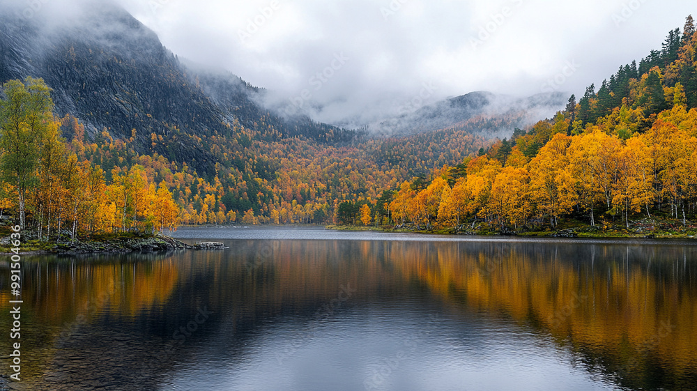 A serene autumn landscape featuring vibrant orange trees reflecting in calm lake A serene autumn landscape featuring vibrant orange trees reflecting in calm lake
