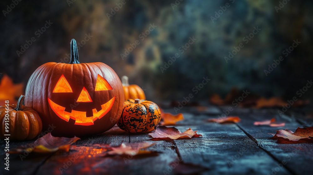 A pumpkin with a smiley face and other pumpkins are on a wooden table A pumpkin with a smiley face and other pumpkins are on a wooden table