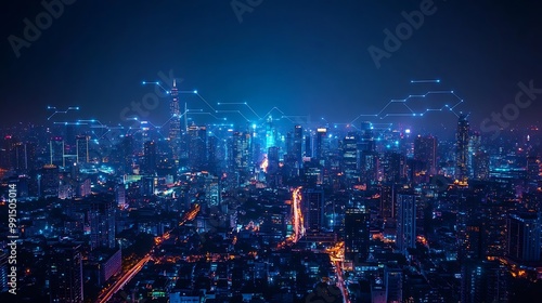 Modern city with wireless network connection and city scape conceptWireless network and Connection technology concept with city background at night : Generative AI