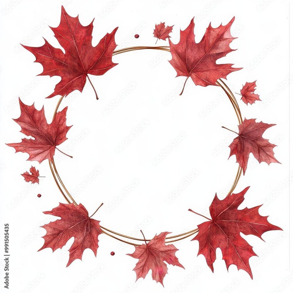Fototapeta premium Red maple leaves arranged in a circular pattern on a white isolated background.