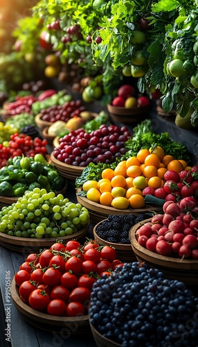 Colorful display of fresh fruits and vegetables in baskets.