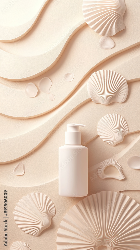 skin care bottle mock-up on sandy background with seashells skin care bottle mock-up on sandy background with seashells
