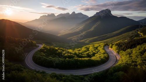 Winding Mountn Road at Sunrise with Sunbeams photo