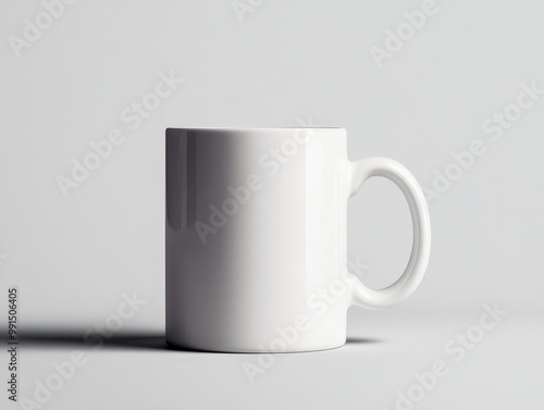 Simple white coffee mug isolated on a light background, perfect for branding or personalizing with designs.