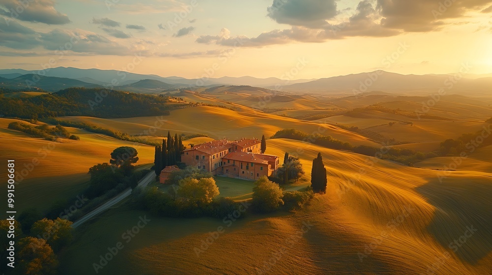 Fototapeta premium Tuscany aerial landscape of farmland hill country at evening Italy Europe : Generative AI