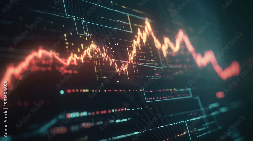 A glowing line chart with sharp peaks and valleys, representing stock market fluctuations, displayed on a transparent glass screen with financial data. A glowing line chart with sharp peaks and valleys, representing stock market fluctuations, displayed on a transparent glass screen with financial data.