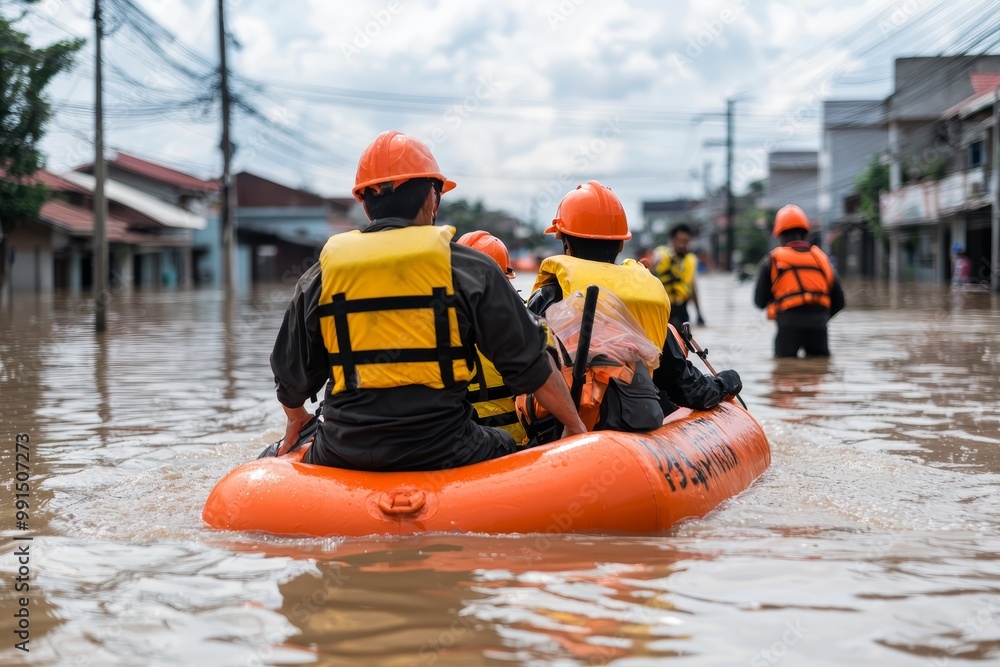 Rescue workers in bright vests pulling people from boats during a flood