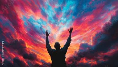 Wallpaper Mural Religious figure reaching towards the heavens, illuminated by divine light, powerful silhouette, vibrant and detailed, dramatic sky, spiritual atmosphere, expressive pose, dynamic composition Torontodigital.ca