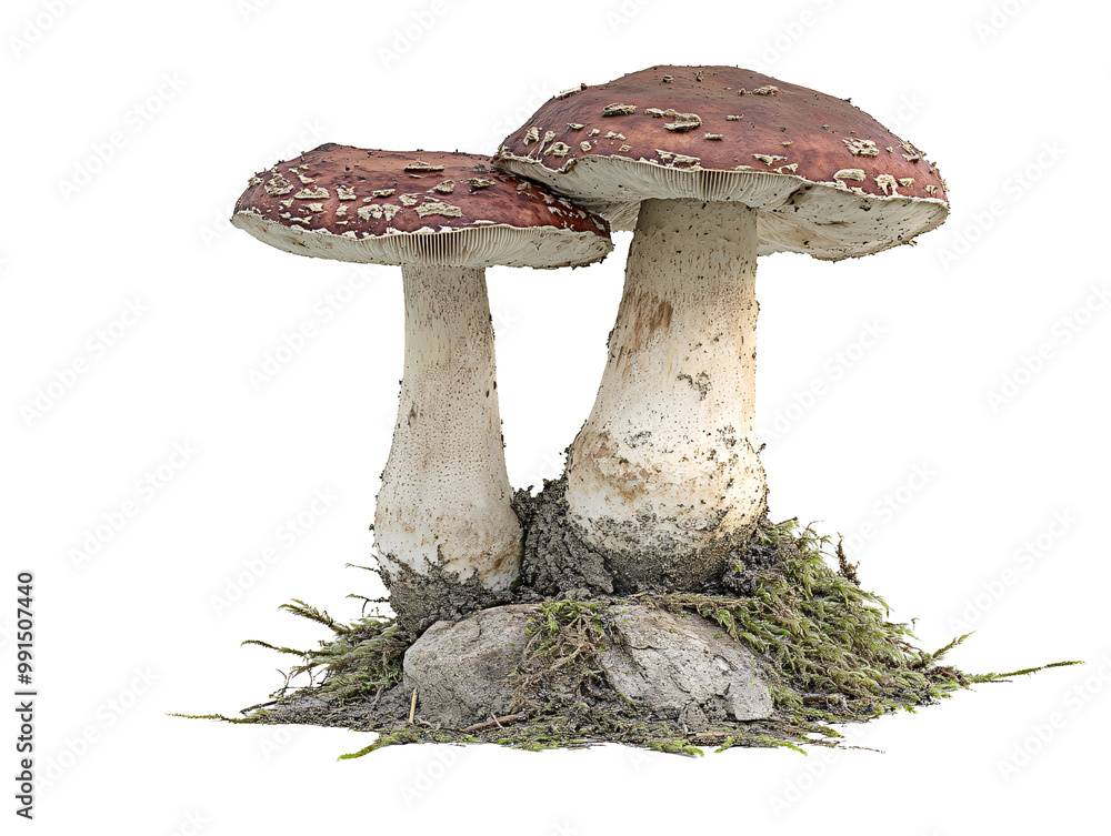 a pair of mushrooms with moss a pair of mushrooms with moss