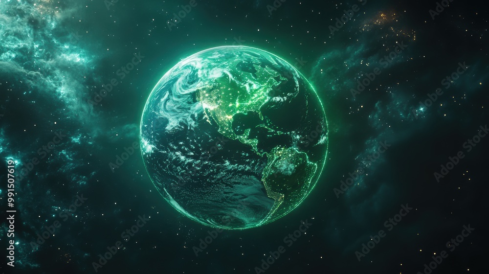 A glowing representation of Earth surrounded by cosmic elements. A glowing representation of Earth surrounded by cosmic elements.