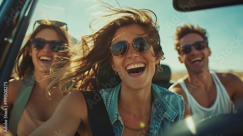 A joyful trio enjoying a carefree road trip, laughing in the sun with sunglasses on, embodying a sense of freedom and adventure.