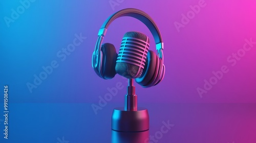 Studio microphone with headphones, neon light reflections, ultra-detailed, 8K resolution, modern podcast setup, sleek and professional audio gear