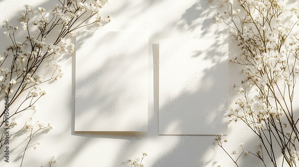 Obraz premium Two wedding invitation cards mockup front and back sides blank card mock up with stylish decor : Generative AI