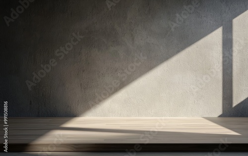 Sunlit minimalist room with textured concrete walls, wooden floor, soft light, ultra-realistic detail, 8K, modern and serene interior, simple elegance