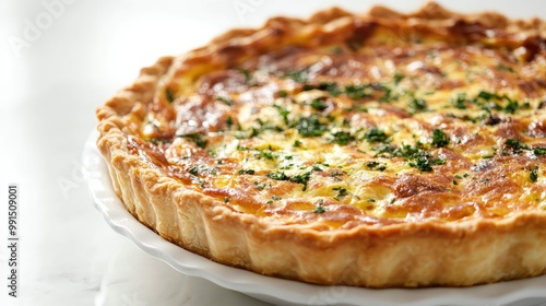 Close-up of a savory quiche with a clean background, offering plenty of room for text or design elements.