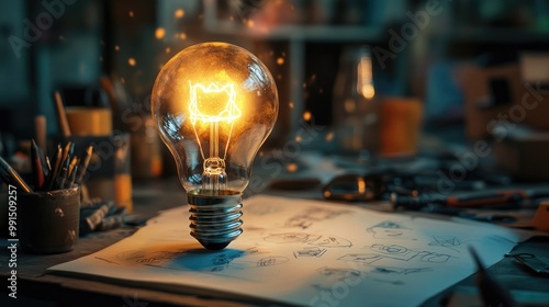 A light bulb illuminating a workspace, with tools, sketches, and creative materials around, symbolizing the birth of new ideas in a creative environment.