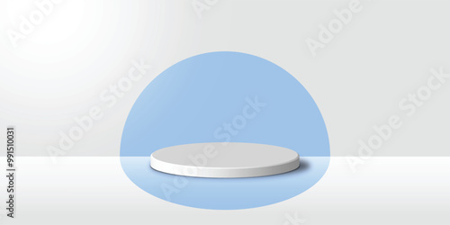3D white product podium with blue color in round backdrop. Abstract geometric composition in minimal design. Studio showroom product pedestal, Product stage showcase mockup scene.