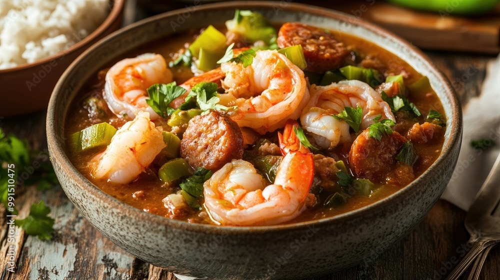 Close-up of a seafood gumbo with shrimp, sausage, and okra, served in a bowl with a side of rice on a rustic wooden table. Close-up of a seafood gumbo with shrimp, sausage, and okra, served in a bowl with a side of rice on a rustic wooden table.