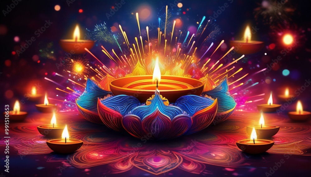 Celebration of diwali, illuminated diyas, lamp symbols surrounded by colorful fireworks effects. Visual aspects, form, creation, imagery Celebration of diwali, illuminated diyas, lamp symbols surrounded by colorful fireworks effects. Visual aspects, form, creation, imagery