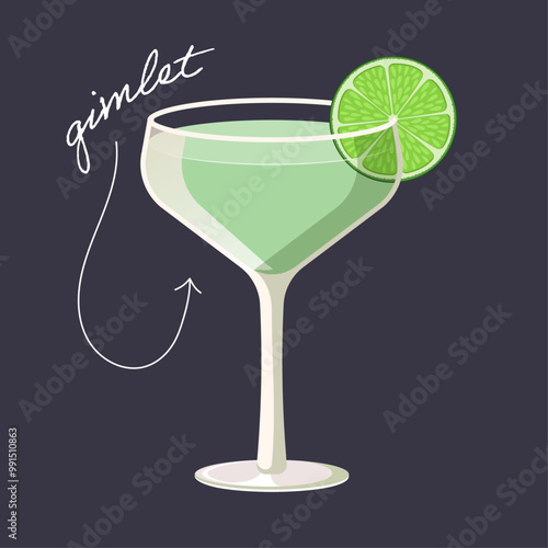 Gimlet cocktail isolated on black background. Vector illustration of trendy alcohol drink in high glass