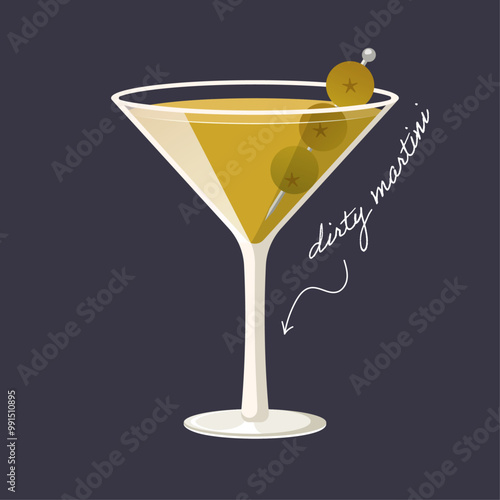 Dirty martini cocktail isolated on black background. Vector illustration of classical alcohol drink garnished with olives