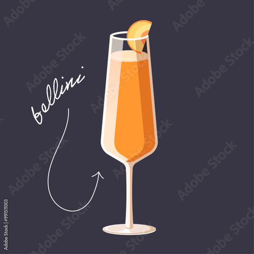 Bellini cocktail isolated on black background. Vector illustration of classical alcohol drink
