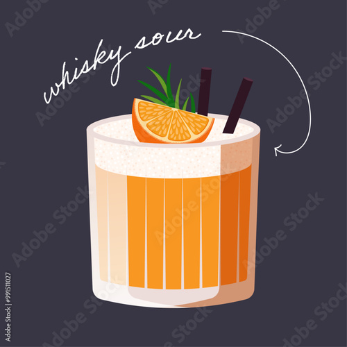 Whisky sour cocktail isolated on black background. Vector illustration of modern alcohol drink in short glass
