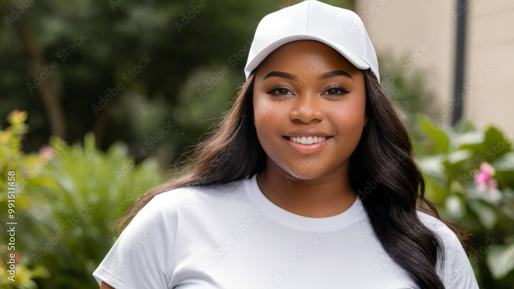 Plus size young black woman wearing white t-shirt and white baseball cap standing in the garden Plus size young black woman wearing white t-shirt and white baseball cap standing in the garden