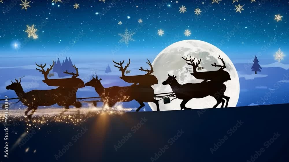 Reindeer glide through a snowy landscape, pulling a sleigh beneath a bright moon, with a beautiful starry sky and distant pine trees creating a magical winter scene Reindeer glide through a snowy landscape, pulling a sleigh beneath a bright moon, with a beautiful starry sky and distant pine trees creating a magical winter scene