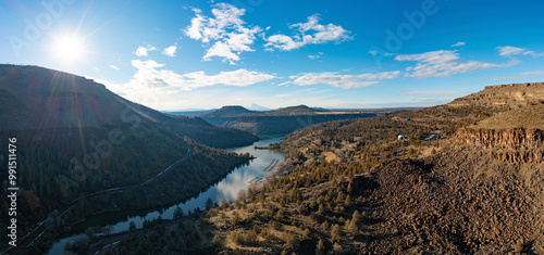 Aerial shot of the morning fogs above Lake Simtustus Central Oregon