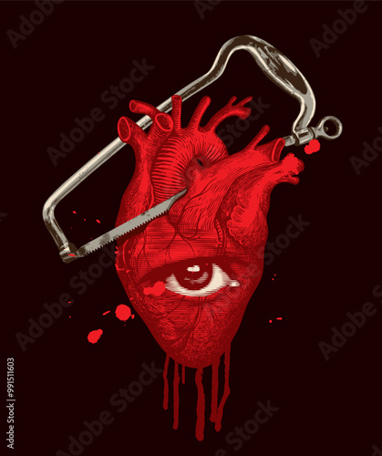 vector illustration on a medical theme with a human heart with human eye and a surgical saw for amputation