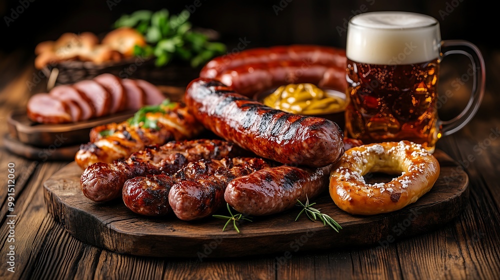 Traditional German food, white sausages with mustard, a large beer mug, and pretzels on a wooden table, set for Oktoberfest with a rustic, warm aesthetic Traditional German food, white sausages with mustard, a large beer mug, and pretzels on a wooden table, set for Oktoberfest with a rustic, warm aesthetic