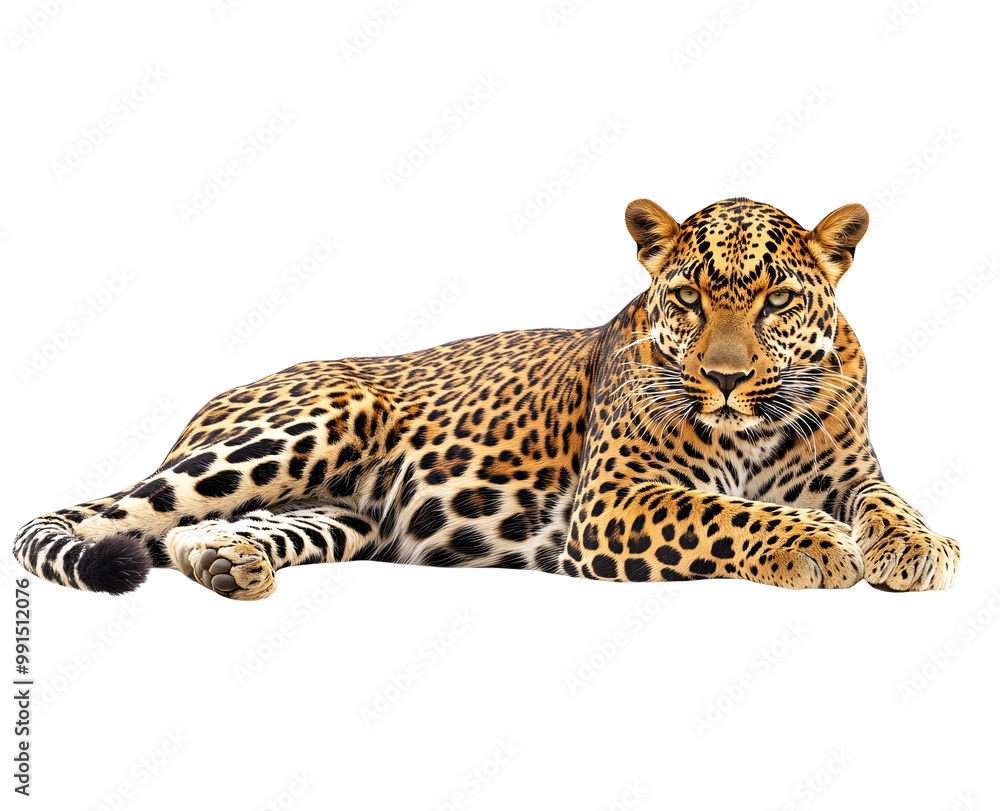 Fototapeta premium a leopard lying down on a white background