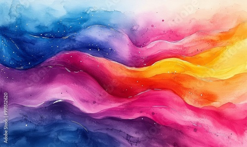 An abstract watercolor painting featuring flowing waves of vibrant colors like blue, purple, pink, and yellow, creating a soothing and dynamic visual experience.