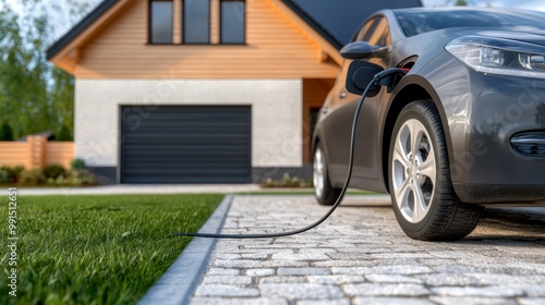 An electric car recharging in front of a house designed with sustainability in mind, reflecting the future of eco-friendly residential architecture.