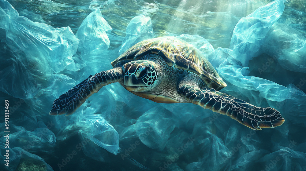 Fototapeta premium An emotive depiction of a sea turtle struggling to navigate through a sea of plastic bags, highlighting the urgent need for conservation efforts to protect endangered species 