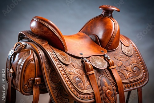 western, angle, leatherwork, carved, equipment, detail, close-up, texture, decorative, ornate, craftmanship, horse, equestrian, vintage, Brown leatherwork carved detail on saddle tilted angle