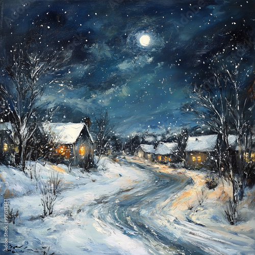 Snowy village at night with glowing windows and a full moon