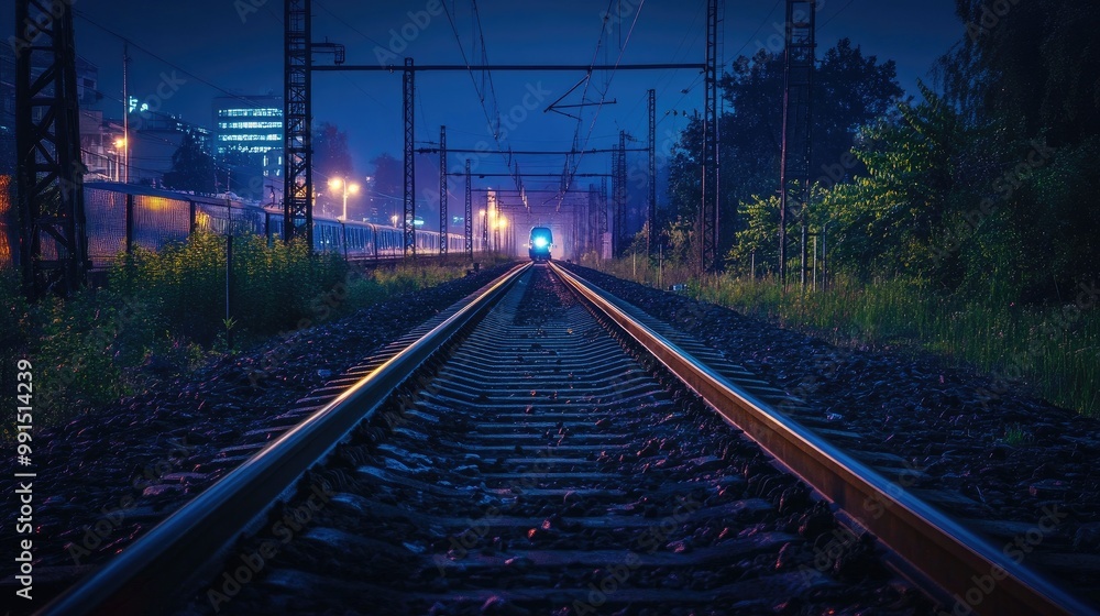 Obraz premium A night shot of illuminated railway tracks, with a train approaching in the distance, creating a dramatic and atmospheric scene of late-night travel.