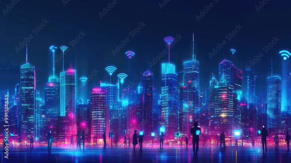 A nighttime cityscape with illuminated buildings and people using devices, highlighting the importance of Wi-Fi in modern urban life and connectivity. A nighttime cityscape with illuminated buildings and people using devices, highlighting the importance of Wi-Fi in modern urban life and connectivity.