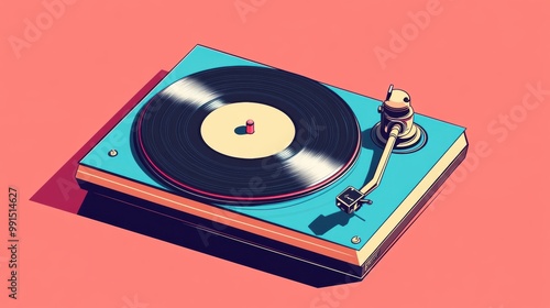 Colorful retro turntable on pink background showcasing vinyl records. photo