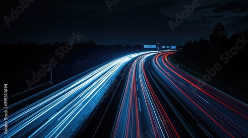 A nighttime image of a well-lit expressway, with streaks of headlights and taillights creating a dynamic pattern against the dark sky, symbolizing city life.