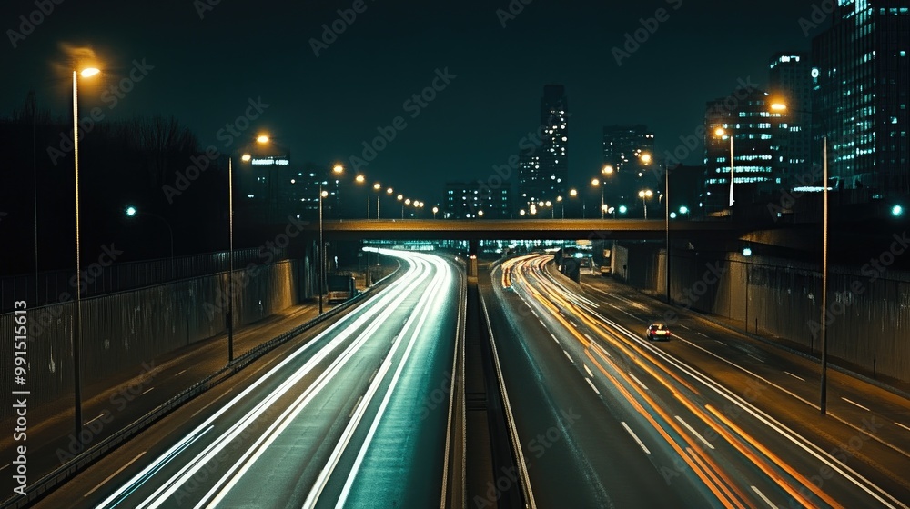 A nighttime shot of a brightly lit motorway, with headlights streaming past, showcasing the vibrant life of a city that never sleeps A nighttime shot of a brightly lit motorway, with headlights streaming past, showcasing the vibrant life of a city that never sleeps